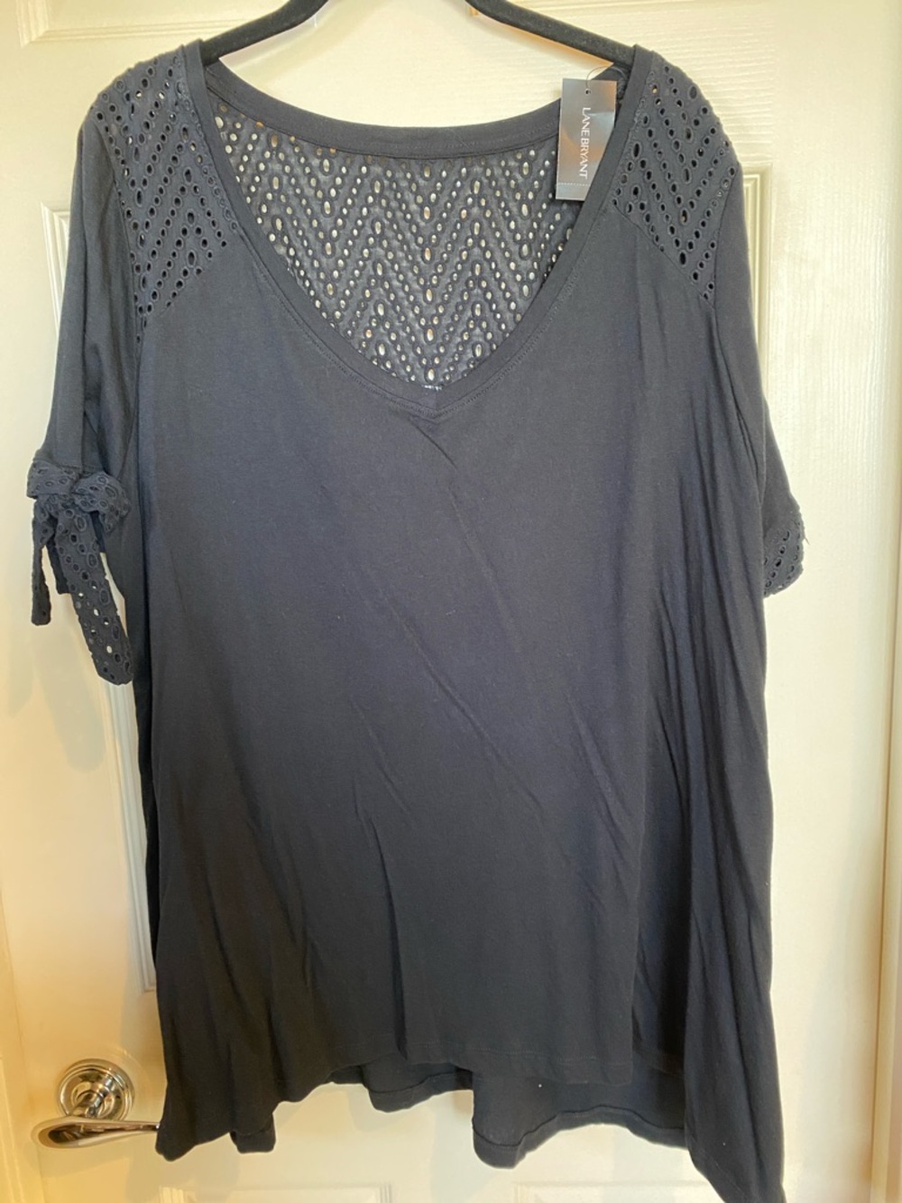 Lane Bryant Black Eyelet V-Neck Tie-Sleeve Tunic Top